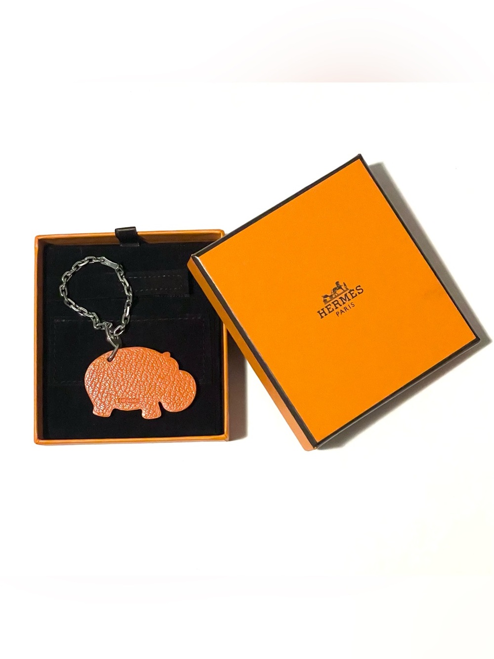 Authentic HERMES Hippopotamus Orange Brown Leather Silver Chain Charm With Box